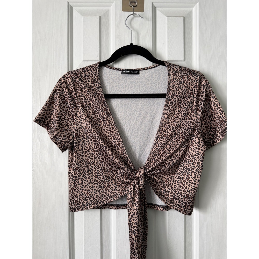 SHEIN Leopard Print Tie Front‎ Crop Top Womens Size S Small Brown Excellent